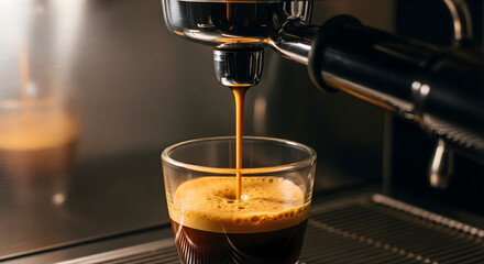 Espresso shot pouring from professional coffee machine into clear glass for cafe shop