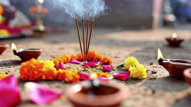 Traditional Indian Puja Setup: Aromatic Incense Sticks, Lit Clay Diyas, and Vibrant Marigold & Rose Petals on Ground for Religious Ceremony.
