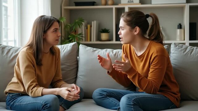 Two young women sitting on a cozy sofa at home, engaged in a serious and thoughtful conversation. Natural light, casual clothing, and a relaxed living room atmosphere.