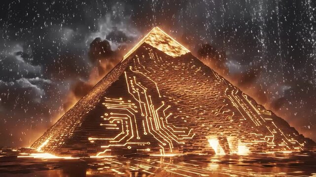 Futuristic glowing pyramid with circuit board pattern under storm