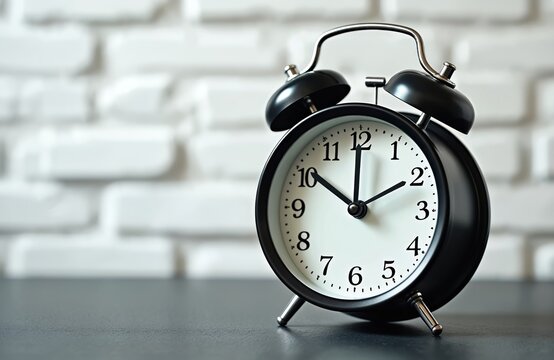 Black analog alarm clock sits on dark surface before white brick wall. Classic twin bell timepiece shows time, ready to wake user. Object rests on table. - Powered by Adobe