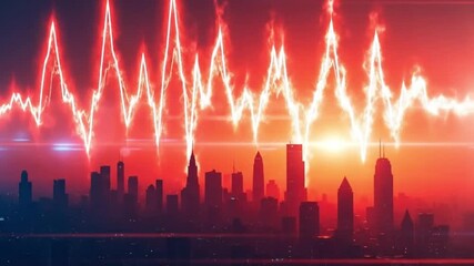 Dynamic cityscape with glowing red and white waveform above a vibrant sunset horizon representing data analysis and technology - Powered by Adobe
