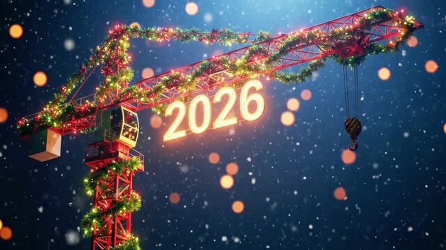 Construction crane decorated with Christmas garland and string lights, illuminated 2026 number, new year building celebration concept.