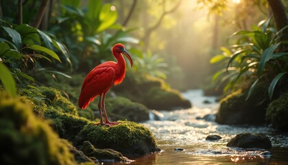 Vibrant red scarlet ibis bird stands on mossy rock by flowing stream in dense green jungle forest. Long legged avian creature searches for food. Golden morning sun shines through tropical leaves,