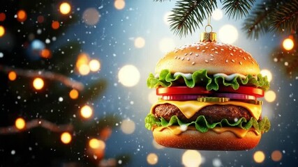 Christmas hamburger ornament hanging from a pine branch. Festive fast food and holiday season with snow and blurred lights. Unconventional celebration concept.