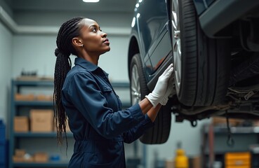 Black woman mechanic inspects car on lift in auto repair shop. Female technician in uniform, gloves checks automobile wheel. Professional worker provides vehicle service, maintenance job at garage,