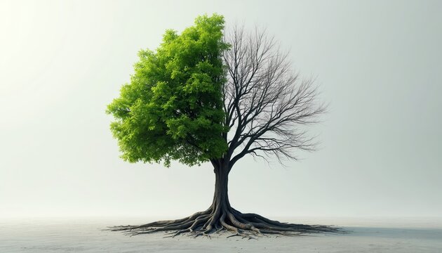 Tree split in half shows contrast between life and death. One side flourishes with green leaves while the other is bare. The image represents change.