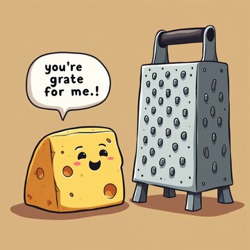 Cute cartoon cheese character smiles, speaks grate for to tall kitchen grater. Humorous food pun illustration showing friendship, appreciation, funny kitchen utensil dialogue, clever wordplay. Comic