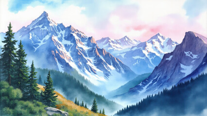 Watercolor painting of majestic snow-capped mountains and evergreen trees