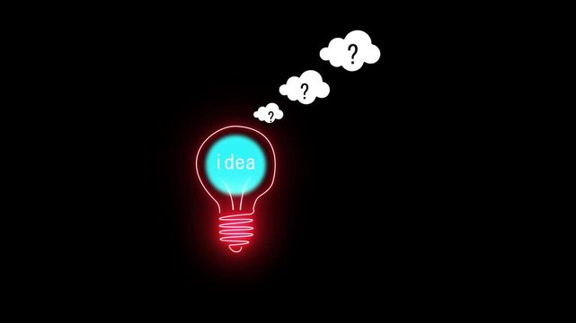 Glowing Neon Lightbulb with the word Idea inside and Question Marks in Thought Bubbles on Black Background Concept of Innovation and Problem Solving