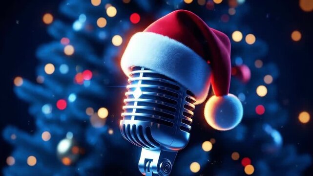 Vintage microphone with Santa hat. Christmas carol singing and holiday music concept. Festive season entertainment and celebration.
