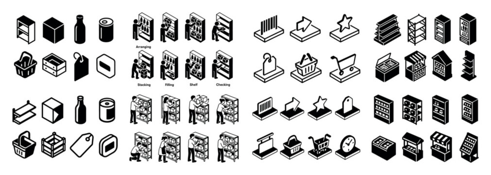 Black and white grocery store icons set