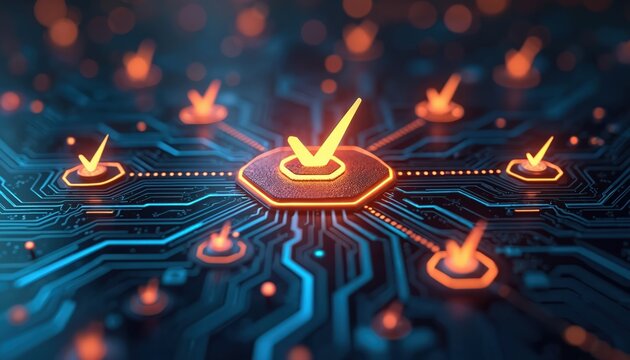 Abstract digital network with glowing check marks confirming system access and security. Futuristic concept of data verification and cyber protection.