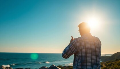 Coastal dawn embrace, with a guiding gesture towards the bright blue sky Symbolizes retirement planning and future security ,  freedom,  dreams