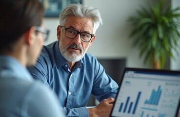 Professional financial advisor consults with client at office. Mature man wearing glasses discusses charts on laptop screen. Finance consulting business meeting concept
