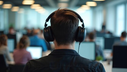 Back view on man with headphones in office. Employees sit at tables with pc, work. Person uses headset for focus and relaxation at coworking. Concept of noise reduction for better concentration.
