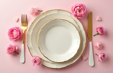 Romantic table setting with empty white plate golden cutlery and pink roses. A festive dinner arrangement on a pink background with hearts. Special holiday or event celebration concept for women.