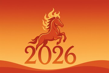 Fiery horse spirit leaps over the year 2026 in vibrant orange hues