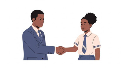 Fototapeta premium Professional businessman shaking hands with a young student in uniform symbolizing mentorship and educational opportunity