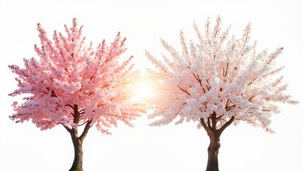 Beautiful cherry blossom trees with pink and white flowers against a bright sky
