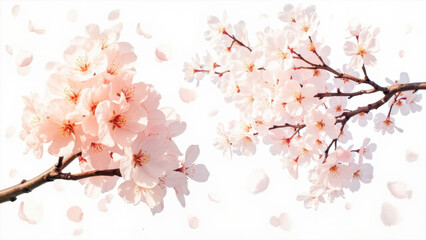 Fototapeta premium Beautiful cherry blossom branches with falling petals against a bright white background