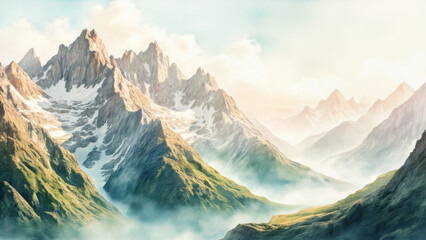 Majestic mountain range with snow-capped peaks and lush green valleys under a bright sky