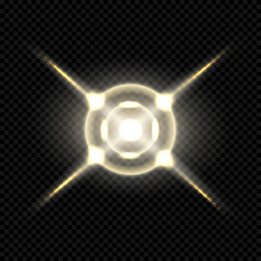 Golden glowing light flare with spark rays and luminous halo on transparent background &ndash; bright star burst, lens flare effect, magic shine, glitter sparkle highlight for design and decoration