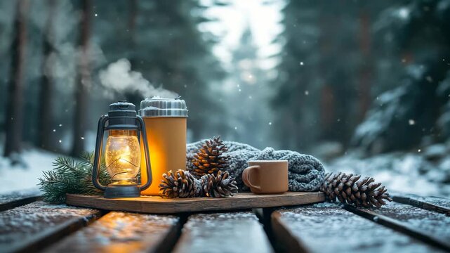 Cozy winter travel background for hiking and outdoor adventure concepts featuring steaming thermos and glowing lantern on snowy forest table