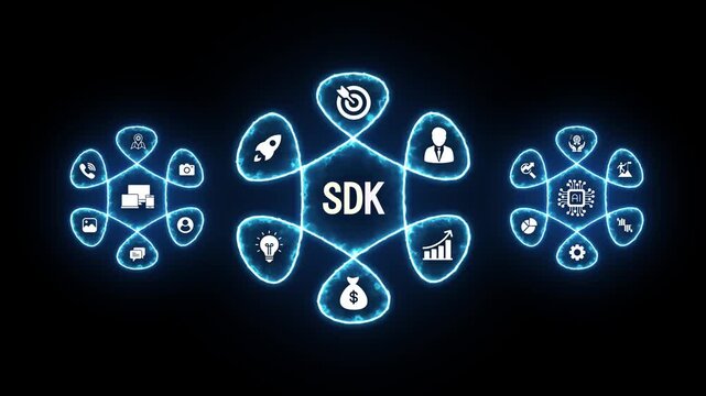 Software Development Kit concept with glowing icons for A I business growth mobile apps and financial success on dark background