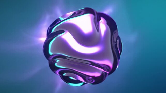 3D sphere with waving surface create shifting light reflections on blue background. Abstract concept of sound waves, big data or artificial intelligence (AI). 4K looped animation of ethereal waves