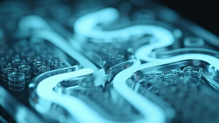 Clear intricate device with glowing blue channels and an array of circular wells