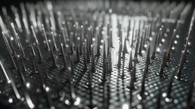 Array of sharp reflective metal spikes in a uniform pattern on a textured surface selective focus