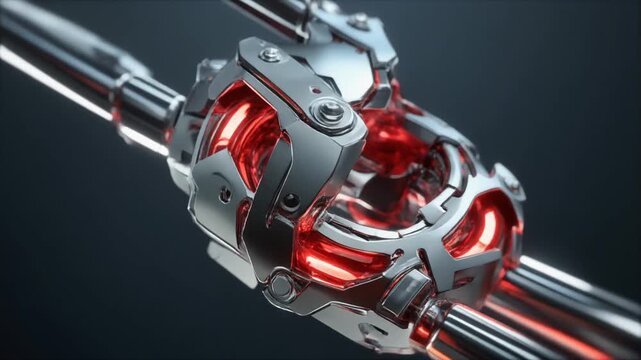 Closeup of a futuristic metallic mechanical link with glowing red interior elements on a dark background