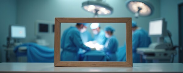 Illustration features wooden frame on table. Background shows surgeons during operation in hospital. Medical staff is blurred in surgery room performing procedure. Blank space for design or text.
