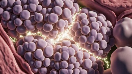 Closeup of numerous uniform purple spheres in clusters interconnected by glowing filaments within an organic environment