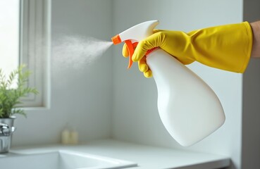 Hand in yellow glove sprays cleaning bottle. Disinfectant mist cleans white surface. Person sanitizes modern room for hygiene. Worker performs upkeep chore, maintaining health. Tidies bright kitchen