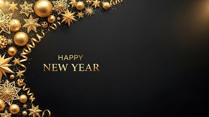 Golden stars and ornaments on black background with Happy New Year text