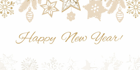 A festive new year greeting with golden ornaments and snowflakes