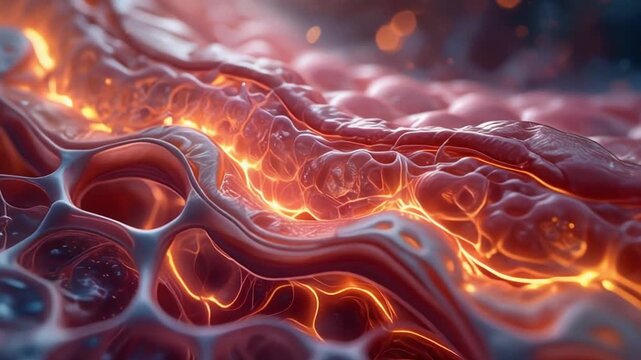 Closeup of intricate red and gray biological structures with glowing orange energy lines and cellular patterns
