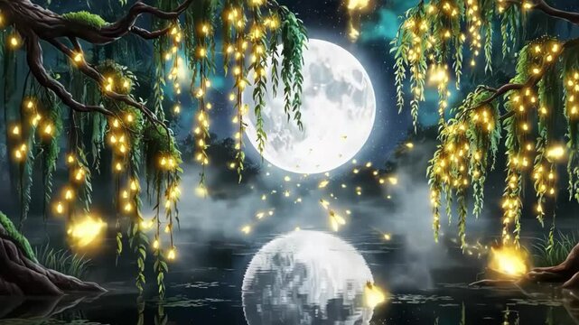 Enchanted willow tree scene with full moon and fireflies over water