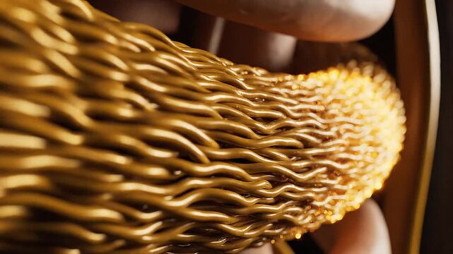 Closeup of wavy golden strands some smooth and glossy others glittering with golden particles against blurred background