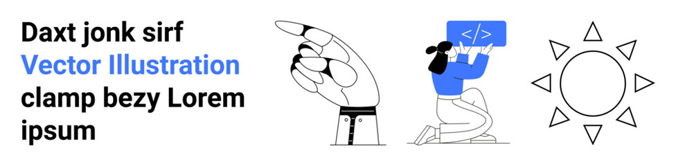 Technology, coding, digital interfaces, creativity, gestures, learning. Design includes a pointing hand, a person coding on a screen and a minimal sun icon. Technology and coding