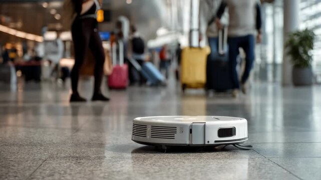 Medium shot of an autonomous robot vacuum gliding smoothly across a busy airport terminal floor efficiently cleaning amidst travelers and luggage