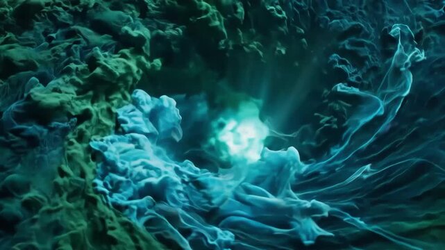 Abstract blue and green fluid dynamics simulation with dynamic splash