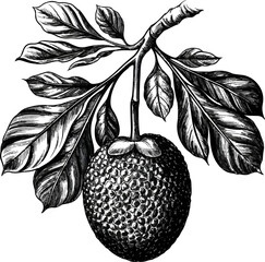 Vintage Botanical Engraving of a Breadfruit Branch with Leaves - Detailed Black and White Hand-Drawn Woodcut Illustration of Artocarpus Altilis for Organic Branding