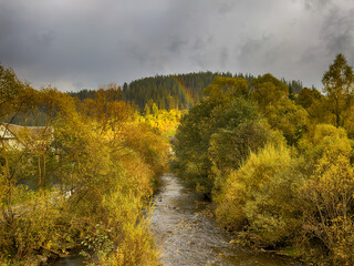 Sunny Autumn Carpathians with Puffy White Clouds