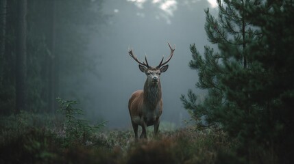 Wild Stag in Misty Pine Forest: Nature Wildlife Scene
