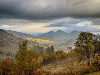 Sunny Autumn Carpathians with Puffy White Clouds
