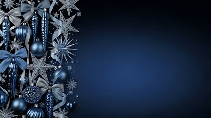 Blue and silver Christmas decorations with stars and ribbons on dark background