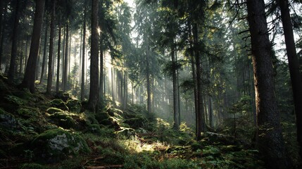 Obraz premium Forest Sunbeams: Tall Trees, Mossy Rocks, Nature Light 